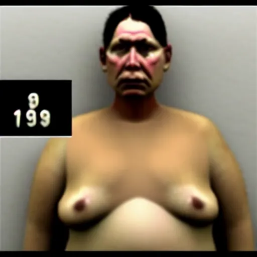 Image similar to inmate body with chicken face, mugshot in a police station