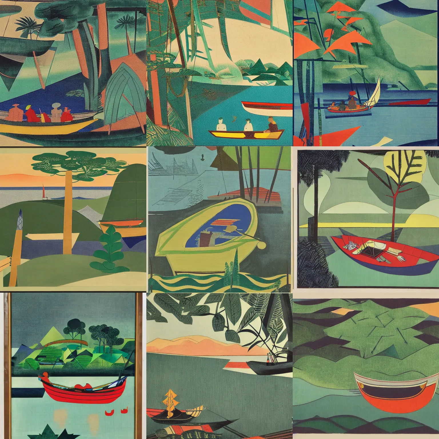 Prompt: a boat sitting on top of a lush green forest, an art deco painting by Romare Bearden, behance, synthetism, ukiyo-e, matte drawing, picasso