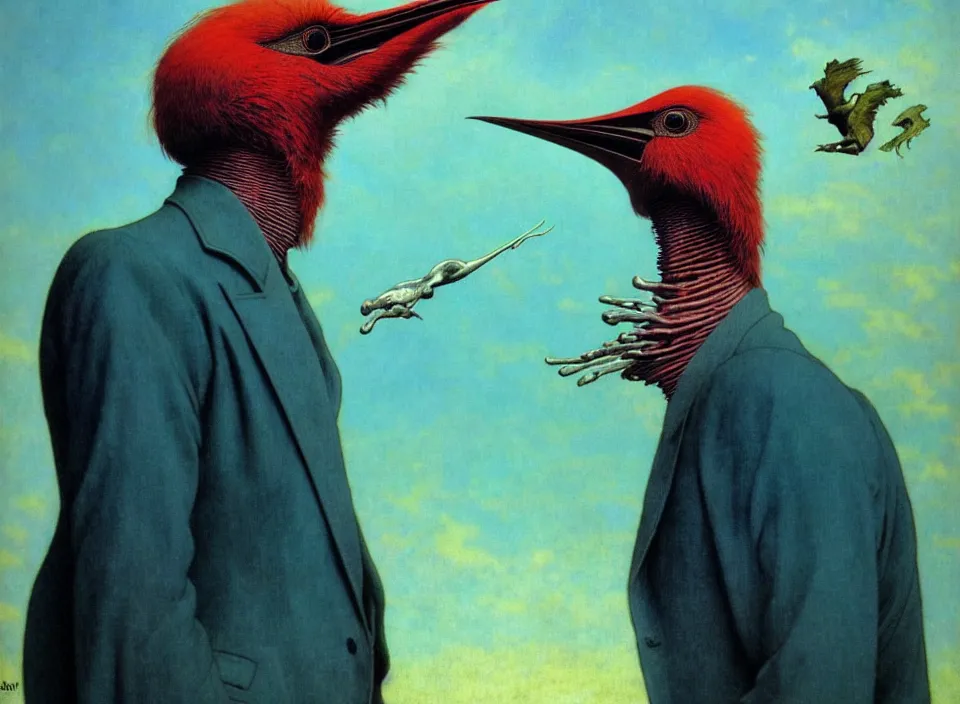 Image similar to realistic detailed portrait movie shot of a birdman wearing a dark blazer, sci fi landscape background by denis villeneuve, amano, yves tanguy, alphonse mucha, ernst haeckel, max ernst, roger dean, masterpiece, rich cold moody colours, dog teeth, blue eyes