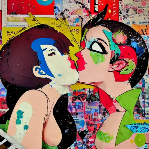 Image similar to two anime women kissing at a carnival, mixed media collage, retro, paper collage, magazine collage, acrylic paint splatters, bauhaus, abstract claymation, layered paper art, sapphic visual poetry expressing the utmost of desires by jackson pollock