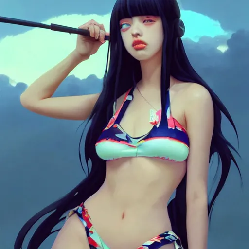 Image similar to a beautiful young japanese billie eilish kat dennings alluring instagram model in elaborate latex bikini tank top made from demons, by guweiz and wlop and ilya kuvshinov and artgerm and makoto shinkai and studio ghibli, symmetrical eyes, aesthetic, gorgeous, stunning, alluring, attractive, artstation, deviantart, pinterest, digital art