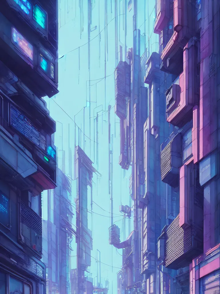 Image similar to A beautiful facade of the cyberpunk, watercolor by Laurie Greasley, octane render, zbrush, extremely detailed, pastel colors, architecture drawing, drawing, line drawing, trending on artstation, studio Ghibli color scheme