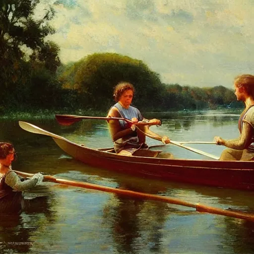 Image similar to a charles r knight painting of kappa rowing a boat