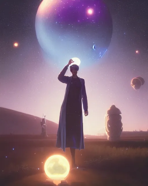 Image similar to highly detailed surreal vfx portrait of a futuristic mage in a rural farm with planets in background, stephen bliss, unreal engine, greg rutkowski, loish, rhads, beeple, makoto shinkai and lois van baarle, ilya kuvshinov, rossdraws, tom bagshaw, alphonse mucha, global illumination, detailed and intricate environment