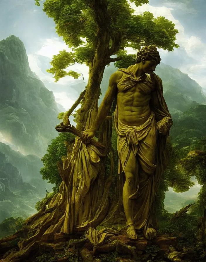 Prompt: an ancient greek statue lost in a gigantic forest by thomas cole, painting, cinematography, epic lighting,