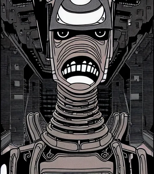 Image similar to portrait bender from futurama in futuristic city, by tsutomu nihei, by h. r. giger