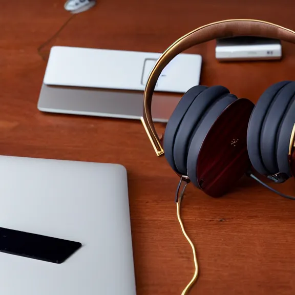 Prompt: beautiful meze classics headphones on a mahogany desk next to a sleek macbook, modernist headphones, wood headphones, gold metals, intricate high detail, extreme quality, photographic, meze audio, sennheiser, hifi