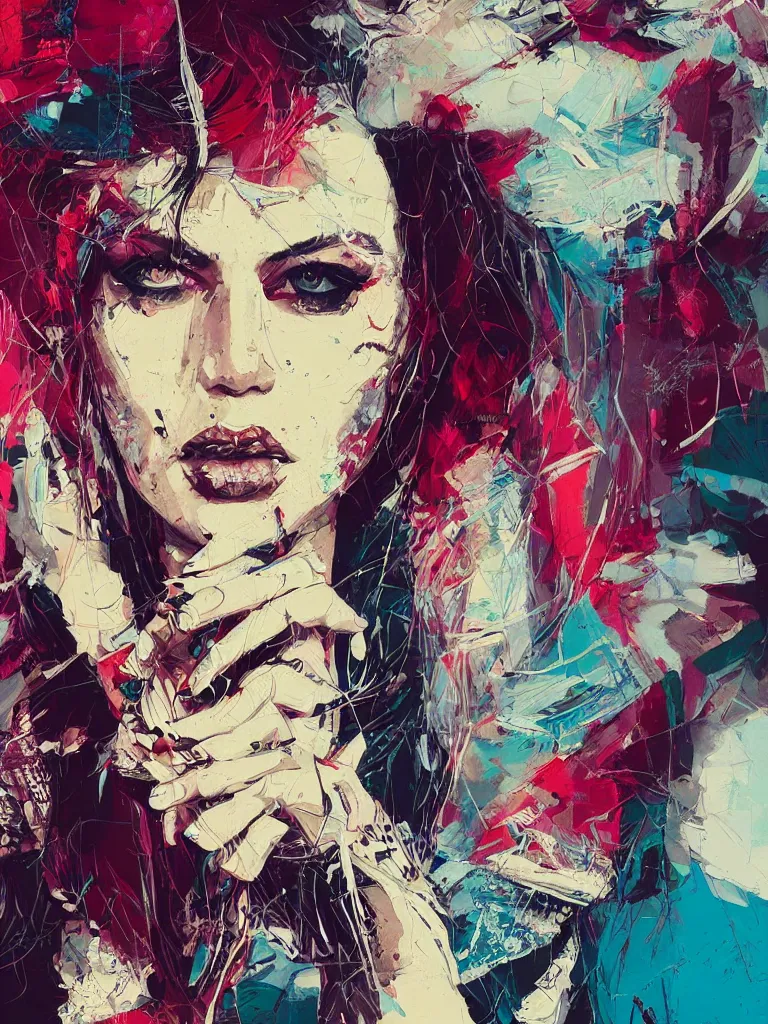 Prompt: close up portrait painting of a female'rock star'dressed in 9 0's street styling, concept art, intricate details, highly detailed, 8 k art by conrad roset