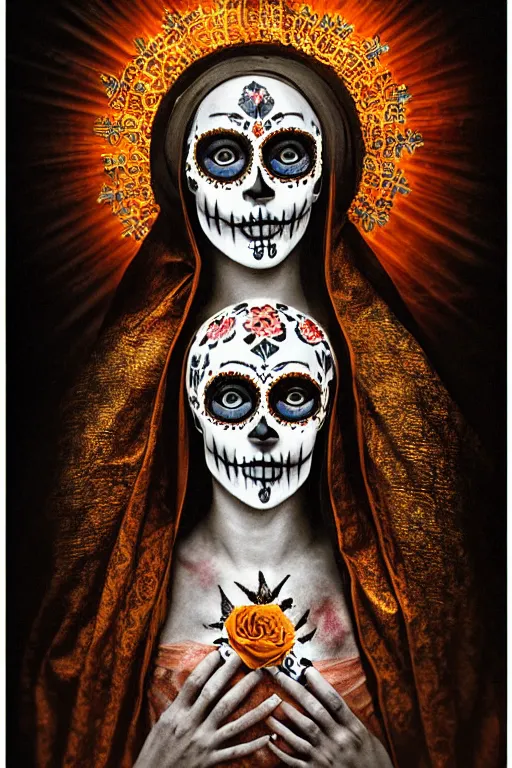 Image similar to photogravure virgin mary in dia de muertos dress and make up, head tiled back horrific beautiful vibe, evocative, atmospheric lighting, painted, intricate, highly detailed, leesha hannigan, wayne haag, reyna rochin, ignacio fernandez rios, mark ryden, iris van herpen, stunning, gorgeous, sharp focus, cinematic, masterpiece