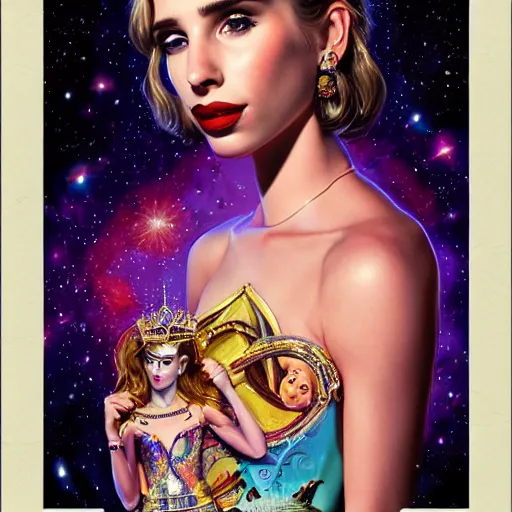 Image similar to cosmic portrait of Emma Roberts as queen, Pixar style, by Tristan Eaton Stanley Artgerm and Tom Bagshaw.