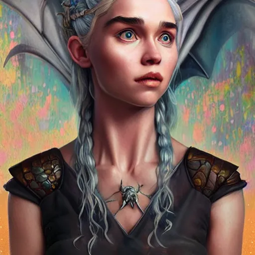 Prompt: lofi biopunk daenerys targaryen portrait with dragons, Pixar style, by Tristan Eaton Stanley Artgerm and Tom Bagshaw.