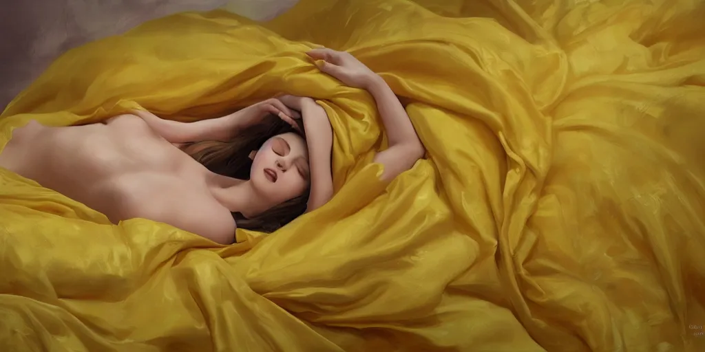 Prompt: beautiful oil matte portrait painting, young woman lying on a red bed sheet wearing a mustard yellow dress covered in giant rose petals, wonderful masterpiece highly detailed, beautiful cinematic light deep focus, elegant, digital painting, smooth, sharp focus, golden ratio, dramatic illumination, ultra realistic, 8 k, art by jimmy law