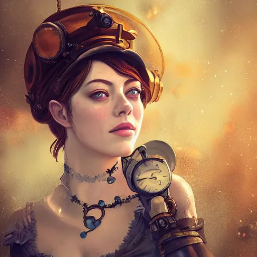 Prompt: underwater steampunk portrait of emma stone, hyper detailed, digital art, trending in artstation, cinematic lighting, studio quality, smooth render, unreal engine 5 rendered, octane rendered, art style by klimt and nixeu and ian sprigger and wlop and krenz cushart.