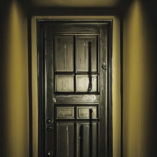 Image similar to foreboding door at the end of a dark hotel hallway, creepy, eerie, surreal, liminal,