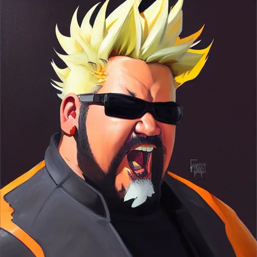 Prompt: Greg Manchess portrait painting of Guy Fieri as Overwatch character, medium shot, asymmetrical, profile picture, Organic Painting, sunny day, Matte Painting, bold shapes, hard edges, street art, trending on artstation, by Huang Guangjian and Gil Elvgren and Sachin Teng