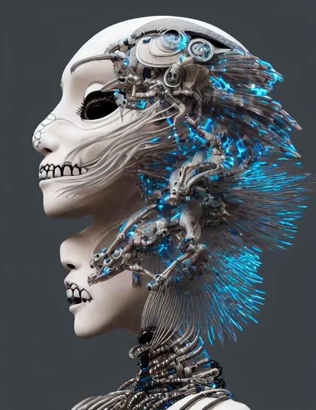 Image similar to 3 d goddess close - up profile simple portrait cybernetic with skull. beautiful intricately detailed japanese crow kitsune mask and clasical japanese kimono. betta fish, jellyfish phoenix, bio luminescent, plasma, ice, water, wind, creature, artwork by tooth wu and wlop and beeple and greg rutkowski