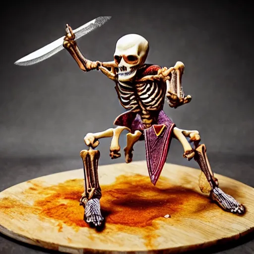 Image similar to skeleton warrior fighting with anamorphic shawarma with swords