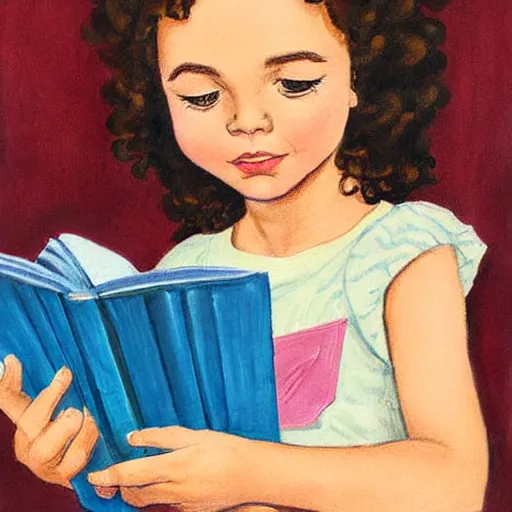Prompt: a little girl with a mischievous face and short light brown curly wavy hair and blue eyes. she is reading a book. well composed, clean elegant painting, beautiful detailed face. by steve ditko and jack kirby