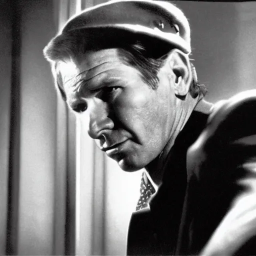 Prompt: harrison ford in 1 9 4 0 s film noir, black & white, movie still, gangster detective