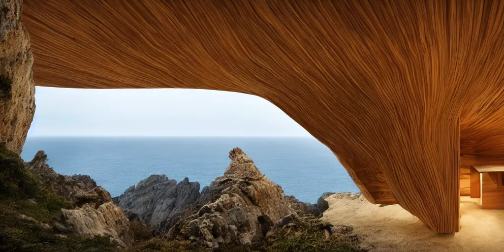 Image similar to wooden cabin on a cliff designed by zaha hadid, cinematic lighting, deep focus, sharp focus, golden ratio, dramatic illumination, hdr, ultra realistic, 8 k, highly detailed, trending on artstation, epic composition, by caravaggio, by artemisia lomi gentileschi