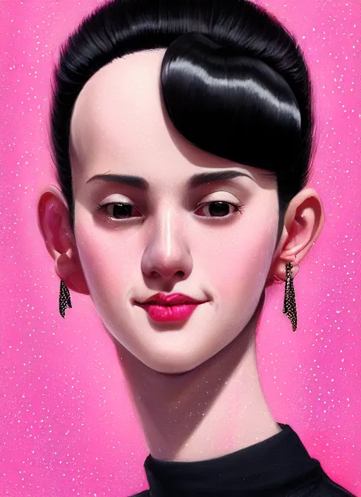 Image similar to portrait of high school girl, realistic, black hair, bangs, half updo hairstyle, pointy nose, skinny, smile, ugly, defined jawline, big chin, pink hair bow, earrings, intricate, elegant, glowing lights, highly detailed, digital painting, artstation, sharp focus, illustration, art by wlop, mars ravelo and greg rutkowski