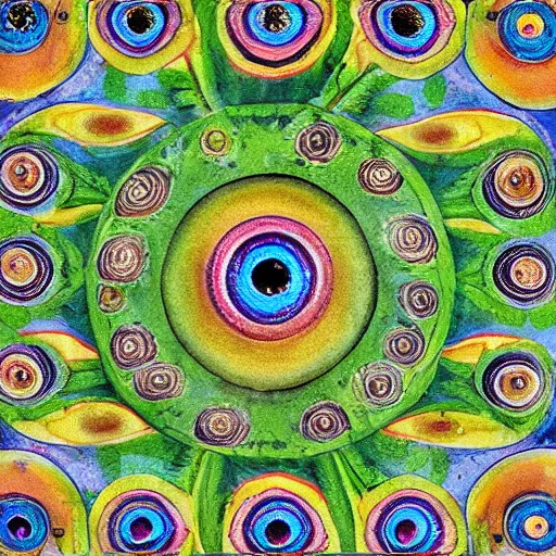 Prompt: A beautiful mixed mediart a large eye that is looking directly at the viewer. The eye is composed of a myriad of colors and patterns, and it is surrounded by smaller eyes. The smaller eyes appear to be in a state of hypnosis, and they are looking in different directions. lawn green by James C. Christensen casual, sad