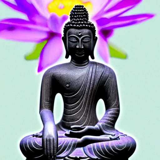 Image similar to The Buddha sitting on a purple Lotus Flower + Buddhist Art + Depth of Field + 4k resolution