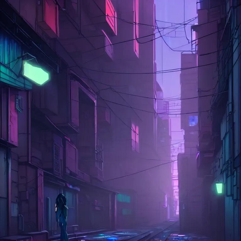 Image similar to city alleyway in the atmospheric cyberpunk anime film, gouache matte background painting, neon noir, at night with lights, by makoto shinkai, in the anime series ergo proxy, beautiful specular edge highlights and rim lighting