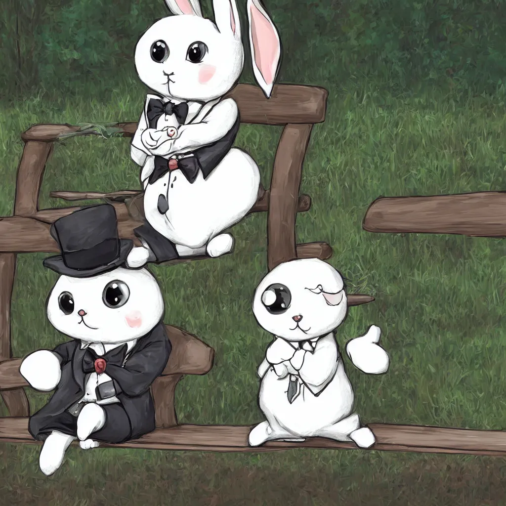 Image similar to a dapper chibi bunny rabbit in formal wear with a monocle sitting on a park bench on a sunny day, digital art