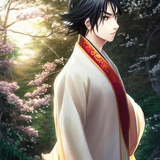 Prompt: a young beautiful prince, golden eyes, long black hair, white hanfu, elegant, intricate, backlit, incredible lighting, strong rim light, subsurface scattering, photorealistic anime, epic beautiful landscape, cherry trees, highly detailed, digital painting, by Heise Jinyao, Heise-Lian Yan Fang, Feimo, Rossdraws, Sakimichan HDRI, vivid colors, high contrast, trending on artstation 8k