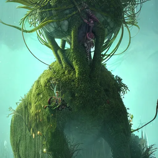 Image similar to a giant creature in a lush trunda vegetation, snow snow :: by Michal Karcz, Daniel Merriam, Victo Ngai and Guillermo del toro :: ornate, dynamic, particulate, intricate, elegant, highly detailed, centered, artstation, smooth, sharp focus, octane render, 3d