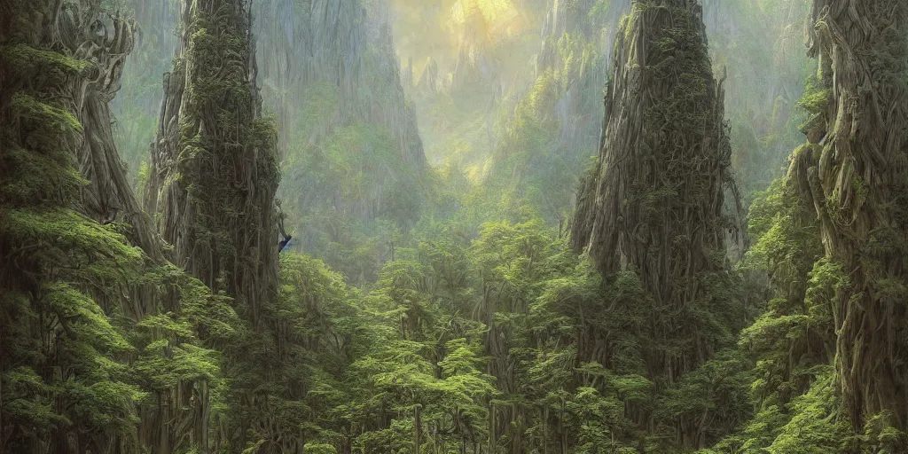 Image similar to A great landscape of a wide forest with a great wizard tower in the middle, art by Donato Giancola and Bayard Wu, digital art, trending on artstation, wide angle, epic composition