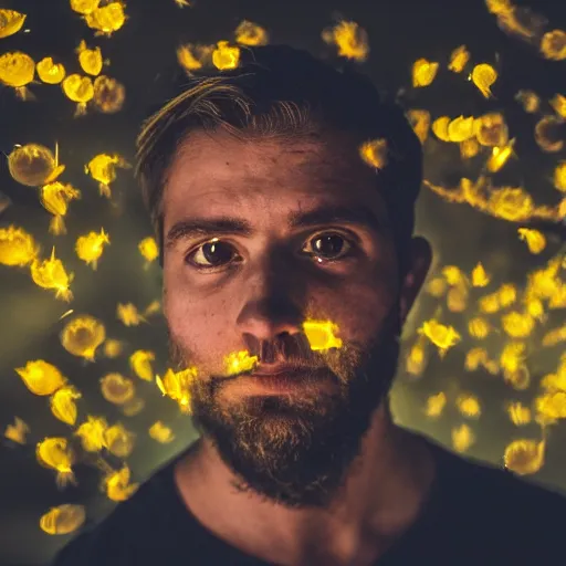 Image similar to man portrait surrounded by fireflies, 8 k photography