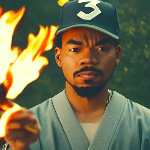 Image similar to cinematic film still of Chance The Rapper starring as a Samurai holding fire, Japanese CGI, VFX, 2022, 40mm lens, shallow depth of field, film photography