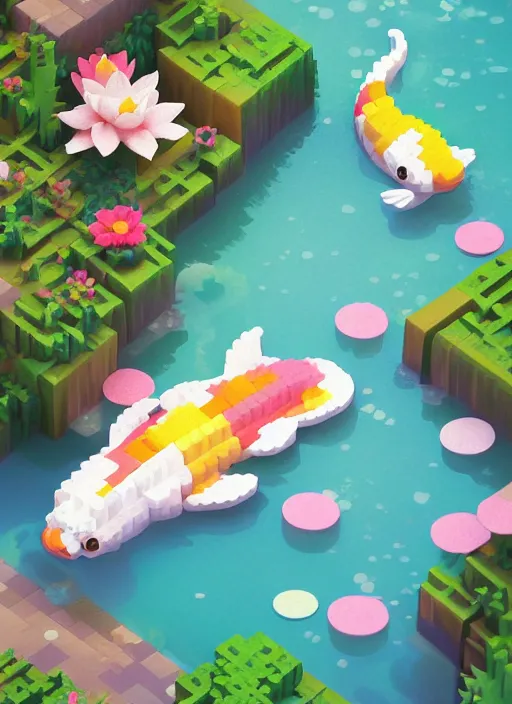 Image similar to pastel cute voxel art of a koi pond, behance, artstation, cute, Japanese, 3d render, unity, beautiful lighting, extremely beautiful, Huang Guangjian and Gil Elvgren and Sachin Teng , Greg Manchess