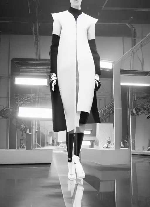 Image similar to still photo of balenciaga fashion show cat walk, black and white color aesthetic, highly detailed, photorealistic portrait, bright studio setting, studio lighting, crisp quality and light reflections, unreal engine 5 quality render