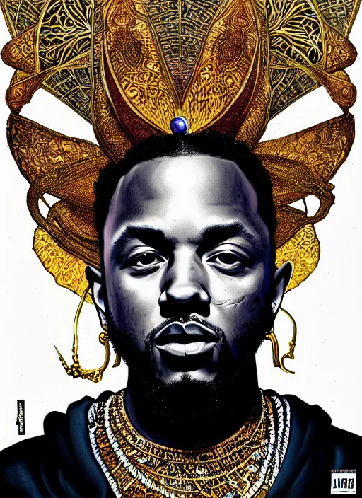 Image similar to : Kendrick Lamar rapper fantasy, fantasy magic,  , intricate, sharp focus, illustration, highly detailed, digital painting, concept art, jahbu art and Paul lewin and kehinde wiley, masterpiece