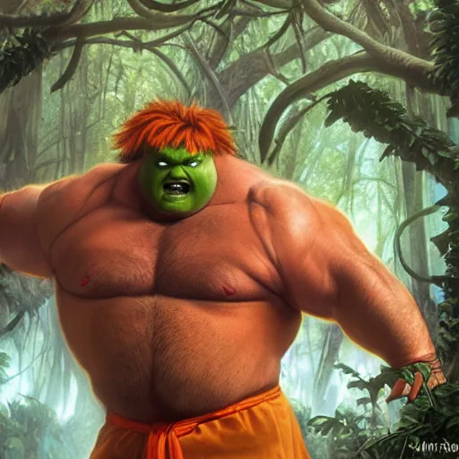 Image similar to chris farley, with green skin and orange body hair, as blanka from street fighter flexing, ultra realistic, concept art, intricate details, eerie, highly detailed, photorealistic, octane render, 8 k, unreal engine. art by artgerm and greg rutkowski and magali villeneuve and alphonse mucha