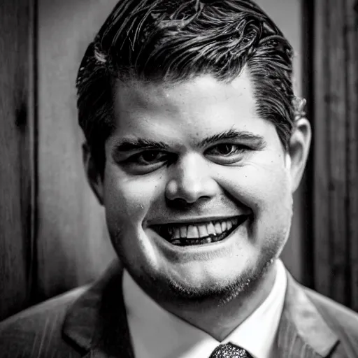 Prompt: Matt Gaetz with a wide grin wielding a chainsaw peaking through a door in the distance at the end of a narrow corridor, black and white, creepy lighting, scary, horror, ornate, eerie, fear, oil painting