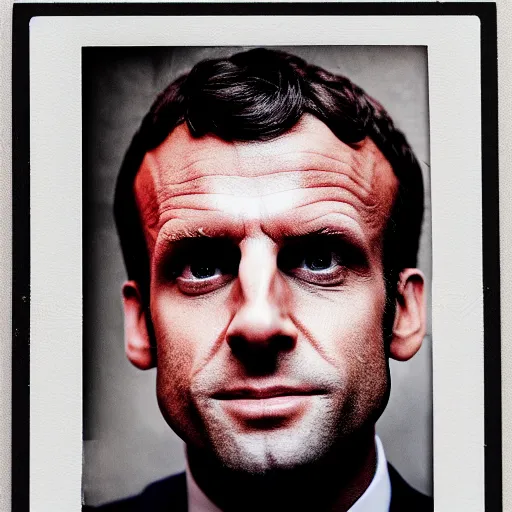 Image similar to close up portrait Emmanuel Macron after boxing, brew punch knock blood, photography polaroid photorealism, grainy image