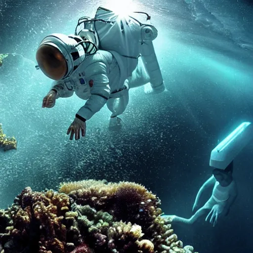 Prompt: In the underwater depths of an alien planet, an astronaut dives and explores this new world