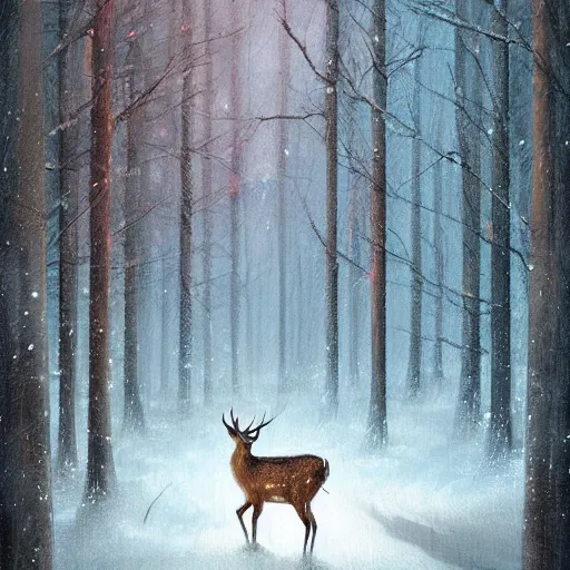 Image similar to a painting of a deer in a snowy forest, a digital painting by petros afshar, featured on deviantart, fantasy art, nightscape, digital illustration, official art