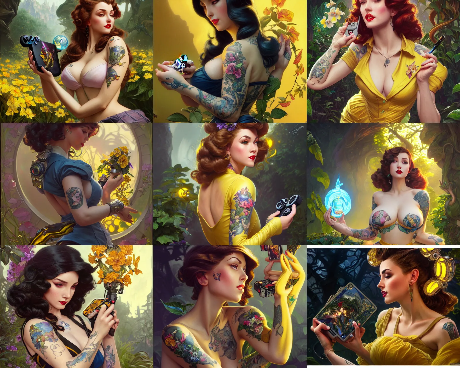 Prompt: yellow jacket tattooed pinup lies at the garden playing with the nintendo switch, deep focus, turnaround, fantasy, intricate, elegant, highly detailed, digital painting, artstation, concept art, matte, sharp focus, illustration, hearthstone, art by artgerm and greg rutkowski and alphonse mucha.