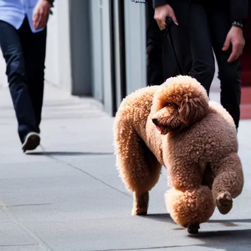 Image similar to a photo of elon musk walking on the street with his big mutant poodle, f 2. 8, 1 0 0 mm lens