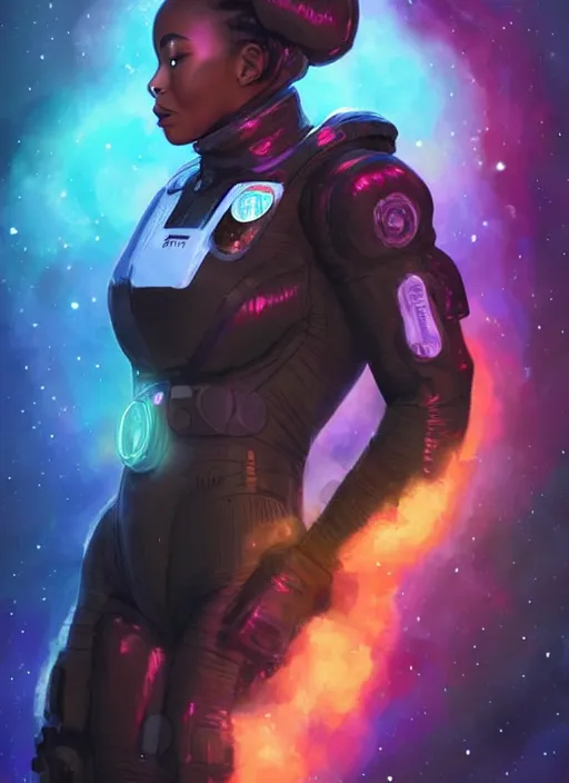 Prompt: beautiful black woman in an advanced spacesuit in front of exploding nebulae halos, digital illustration trending on artstation by artgerm and rutkowski