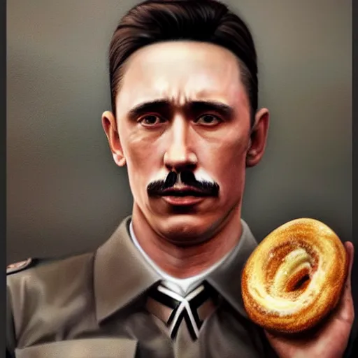 Image similar to hyperrealistic mixed media high resolution painting of James Franco disguised as Adolf Hitler eating a bagel, stunning 3d render inspired art by István Sándorfi and Greg Rutkowski and Unreal Engine, perfect facial symmetry, dim volumetric lighting, 8k octane beautifully detailed render, full body shot, post-processing, extremely hyper-detailed, intricate, epic composition, highly detailed attributes, highly detailed atmosphere, cinematic lighting, masterpiece, trending on artstation, very very detailed, masterpiece, stunning, flawless structure, lifelike texture, perfection,