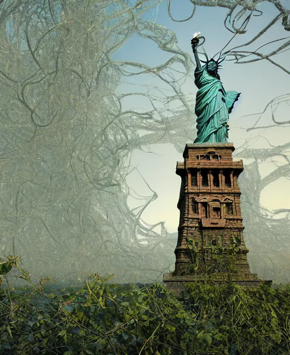 Prompt: highly detailed digital matte painting of a Lady Liberty statue covered in vines with overgrowth Full shot. By Raphael LaCoste and Ruan Jia and Robert McCall, postcyberpunk, geodesic dome, hyperdetailed, sunrise, wide shot, autochrome, octane render