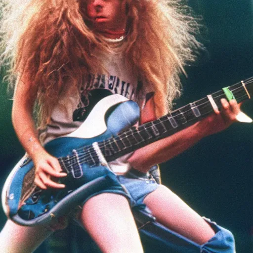 Prompt: 1 9 - year - old girl or boy with shaggy, unkempt, permed hair, double denim, headbanging, playing electric guitar, heavy rock concert, grunge rock, 1 9 9 2 live at lollapalooza, vhs quality