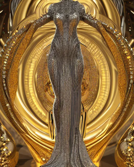 Image similar to a highly detailed metahuman 4 k close up render of an alien goddess bella hadid monument saint in iris van herpen dress schiaparelli in diamonds crystals swarovski and jewelry iridescent in style of alphonse mucha gustav klimt trending on artstation made in unreal engine 4