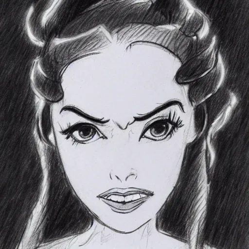Image similar to milt kahl sketch of vanessa hudgeons with done up hair, tendrils covering face and ponytail as princess padme from star wars episode 3